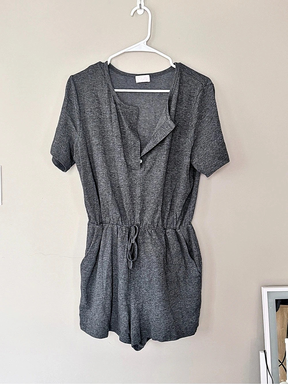Pink Lily Stroll Through Town Grey Drawstring Short Romper